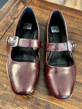 DV by Dolce Vita Wine Mellie Leather Mary Jane Flats with Silver Buckles